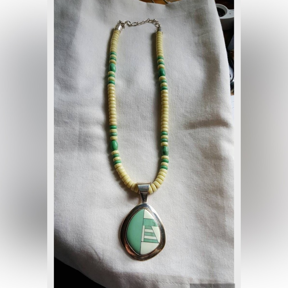 Vintage Signed Jay King Sterling Silver Beaded Necklace and Inlay Pendant